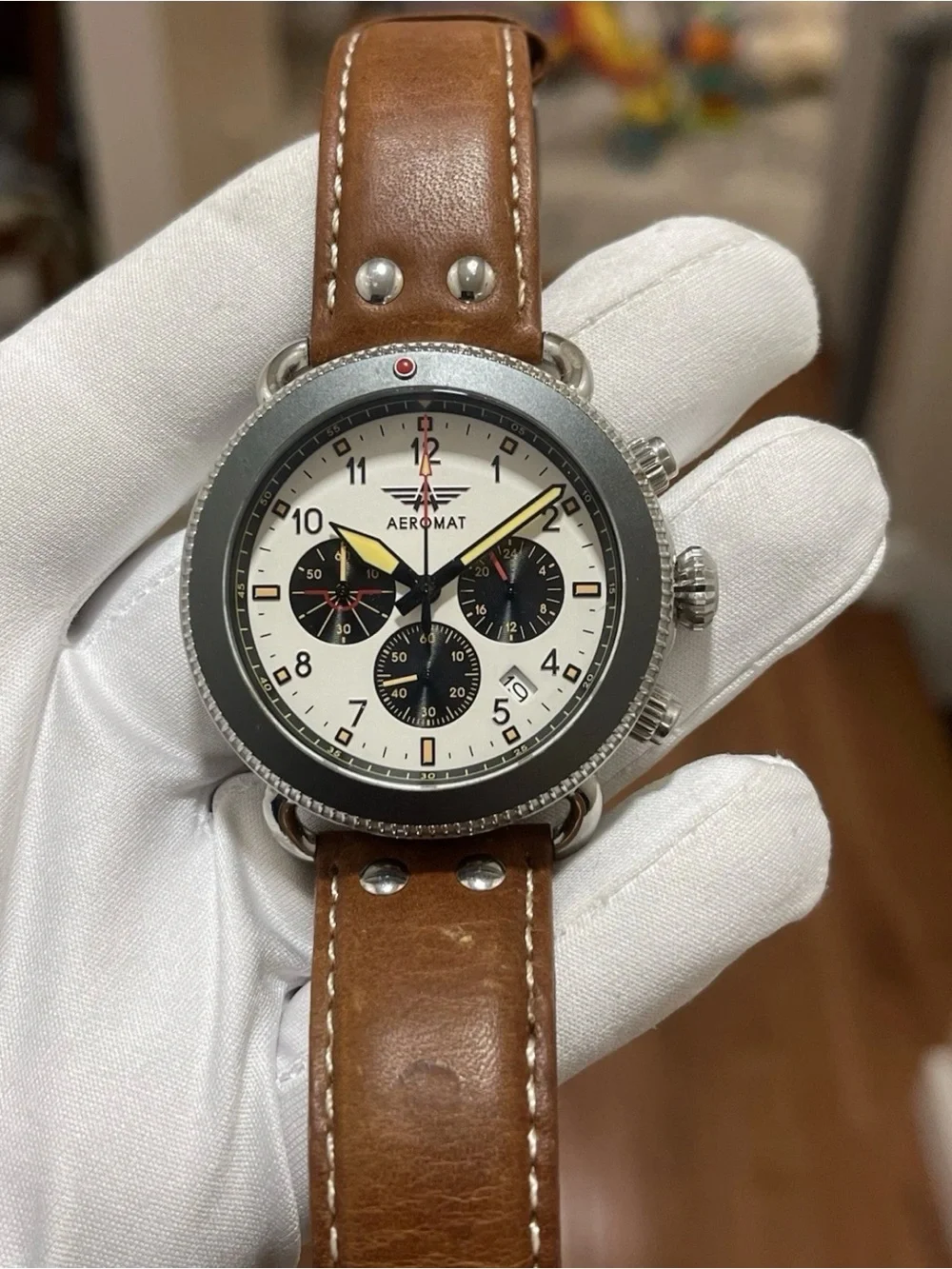 Aeromat Vol De Nuit Men's Pilot Chronograph Watch 44mm White Yellow Dial